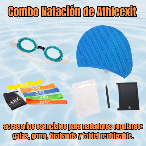 Combo natación Athleexit con gafas, gorro, tirabands de resistencia y tablet reutilizable para entrenamientos acuáticos